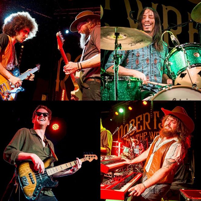 Robert Jon and the Wreck 2026 UK dates - four photos of rock band including guitarists, drummer, bass player, and keyboardist
