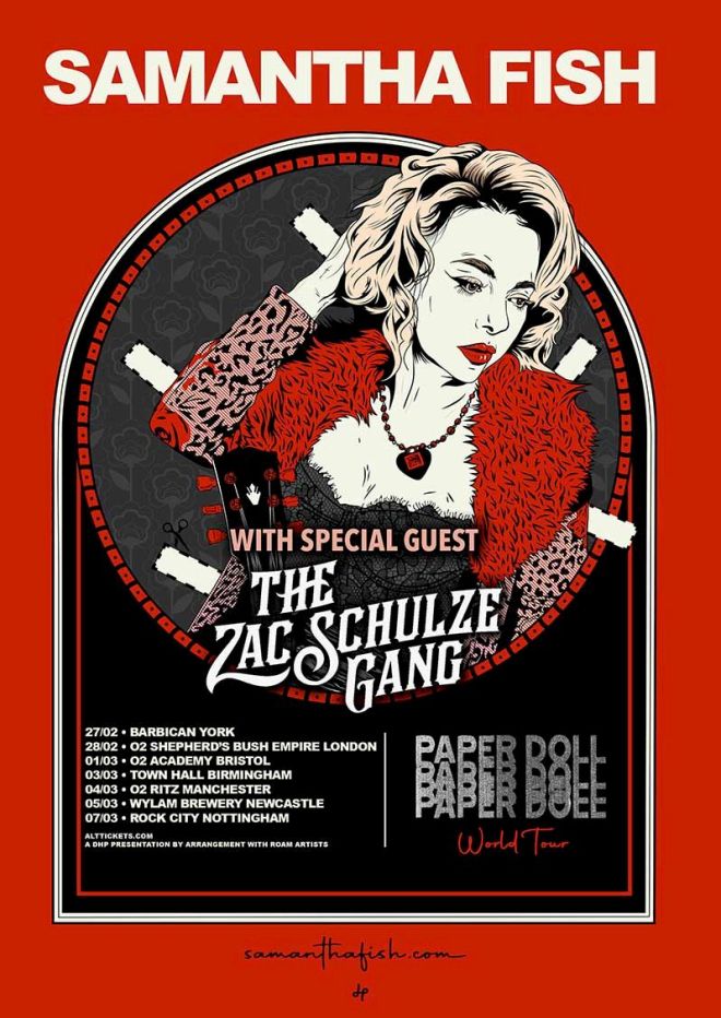 SAMANTHA FISH Rusty Razor plus UK Tour News - a red tour poster with a picture of Samantha Fish in a red jacket