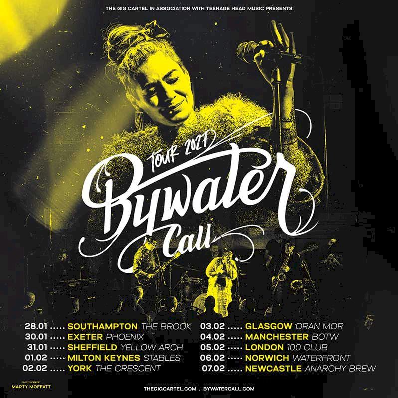 BYWATER CALL Broken Souvenirs UK Tour Dates 2027 - tour poster with female singer edged in gold against a black backround
