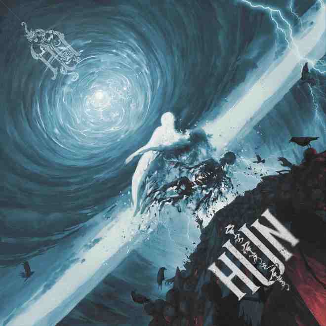 THE HU - HUN - album cover artwork with black a silver human shapes appearing against a sci-fi space scene